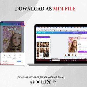 K&ouml;nnte beinhalten: Ein Laptop und ein Mobilger&auml;t zeigen ein Geburtstagsdesign mit einem Foto einer Frau und dem Text "HAPPY BIRTHDAY". Der Bildschirm zeigt Download-Optionen. Der Text "DOWNLOAD AS MP4 FILE" ist sichtbar.