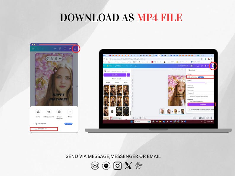 K&ouml;nnte beinhalten: Ein Laptop und ein Mobilger&auml;t zeigen ein Geburtstagsdesign mit einem Foto einer Frau und dem Text "HAPPY BIRTHDAY". Der Bildschirm zeigt Download-Optionen. Der Text "DOWNLOAD AS MP4 FILE" ist sichtbar.
