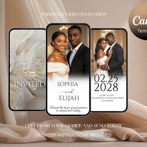 May include: Animated video invitation template displayed on three smartphone screens. The screens show wedding graphics, including a couple's photo, wedding date, and the words "You Are Invited." The Canva template includes detailed instructions.