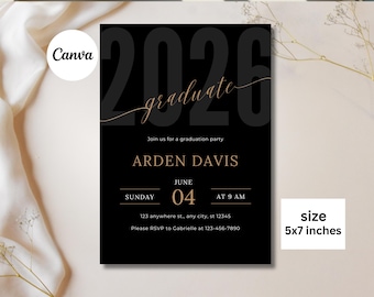 Graduation Invitation Template 2025. Modern Black Gold Graduation Party Invite | Editable Digital Graduation Announcement Senior Grad Invite