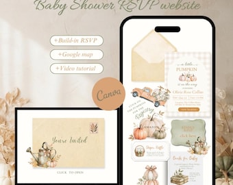 May include: A digital baby shower invitation template displayed on a smartphone and a rectangular screen. The design features watercolor pumpkins, a vintage truck, and a watering can. Text includes Baby Shower RSVP website, Build-in RSVP, Google map, Video tutorial, A little PUMPKIN is on the way, Olivia Rose Collins, Registry, Diaper Raffle, and Books for Baby.