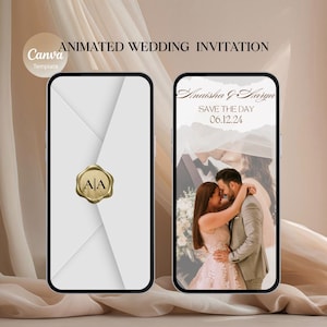 Könnte beinhalten: Animierte Hochzeitseinladungsvorlage auf einem Smartphone. Der linke Bildschirm zeigt einen weißen Umschlag mit einem goldenen Siegel. Der rechte Bildschirm zeigt ein sich umarmendes Paar mit dem Text "Anaisha & Saaya SAVE THE DAY 06.12.24".