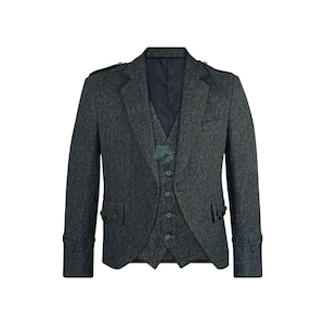 Charcoal Grey Scottish Men&#39;s Argyle Tweed Kilt Jacket & 5 Buttons Vest - Traditional Highland Wedding Kilt Argyll Jacket