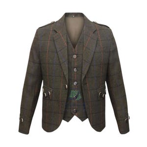 Brown Tweed Kilt Jacket - Scottish Men&#39;s Brown Tweed Argyle Kilt Jacket With 5 Buttons Vest - Highland Wedding Kilt Jacket