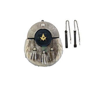 Scottish Masonic Kilt Sporran: Golden Badge, Antique Celtic Cantle, Free Chain