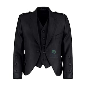 Scottish Black Tweed Wool Argyle Kilt Jacket & 5 Button Vest - Traditional Highland Men&#39;s Wedding Kilt Jacket Vest