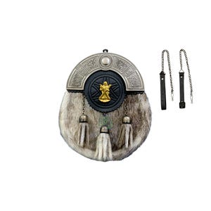 Schottischer Kilt Sporran: Golden ST. Andrew Badge, schwarzes antikes Cantle