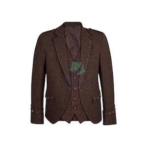 Dark Brown Tweed Kilt Jacket - Scottish Men&#39;s Wedding Argyle Kilt Jacket With 5 Buttons Vest - Traditional Highland Tweed Kilt Jacket Vest
