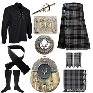 Conjunto de 11 piezas de kilt con cabeza de ciervo antigua para hombre, conjunto tradicional escocés de kilt para boda, disponible en más de 45 tartanes de clan.