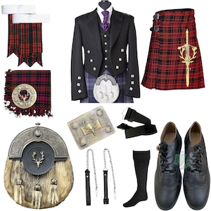 Conjunto de kilt con cabeza de ciervo antigua para hombre escocés - Conjunto de 12 piezas de kilt Príncipe Charlie - Conjunto de kilt para boda en las Tierras Altas - Disponible en más de 45 tartanes de clan