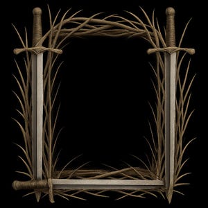 May include: A square frame design featuring two swords with silver blades and brown handles. The swords are positioned vertically, with their hilts at the top and bottom. The frame is constructed from intertwined brown branches, creating a rustic aesthetic against a black background.
