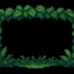 Puede incluir: Marco rectangular pixelado de hojas y vides verdes sobre fondo negro. Las hojas, en varios tonos de verde, crean un borde texturizado y natural. El diseño, de estilo retro y digital, es adecuado para arte digital o diseño de juegos.
