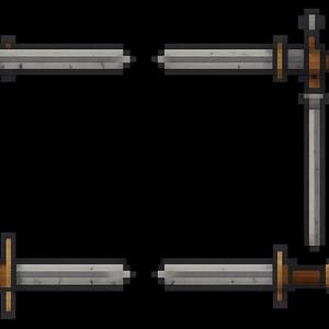May include: Pixelated image of four swords arranged in a square frame against a black background. The swords have silver blades, brown handles, and cross-shaped hilts. The pixel art style gives them a retro video game aesthetic.