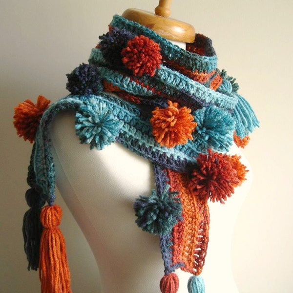 Long  Lariat Scarf , Fashion,  under 50 , With pompoms and  Fringes, Blue, Brown and Orange,  Ready to Ship, EXPRESS Shipping, New Season