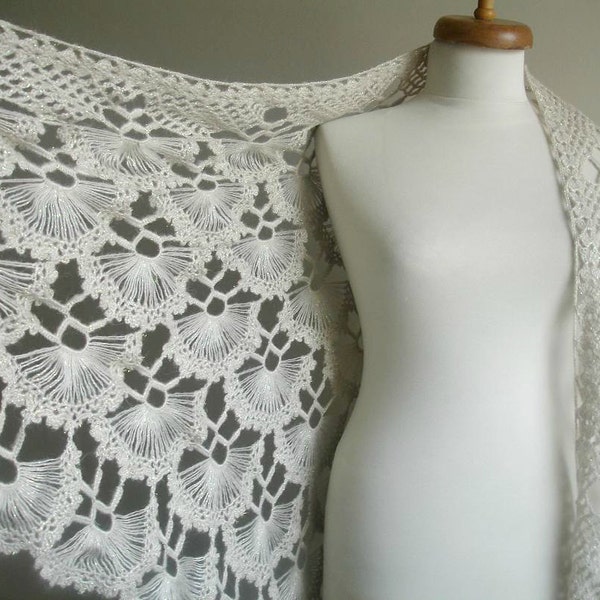 Beige Shawl,  Japaniese Fan Pattern Triangle Shawl By Crochetlab, Mohair, Ready To Ship, Gift for Her