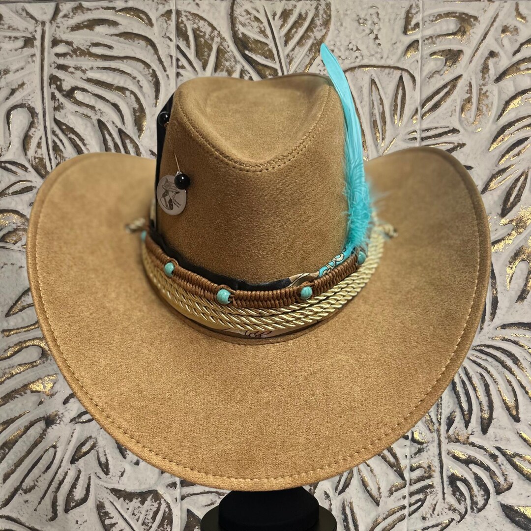 The Wild Monarch Hat – Tan Western Fedora With Turquoise Beads, Leopard ...