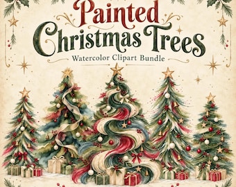 May include: A digital graphic featuring the text Frog Punk Studio Painted Christmas Trees Watercolor Clipart Bundle 30 PNG Transparent 300 DPI. It displays five watercolor Christmas trees decorated with ornaments, ribbons, and stars, surrounded by gift boxes and holly accents on a parchment-style background.