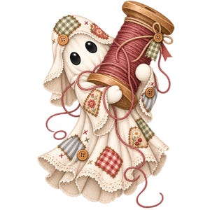May include: A ghost figure draped in a cream-coloured fabric sheet adorned with various colourful patchwork squares, including gingham and floral patterns. The ghost holds a large wooden spool wrapped with thick, dusty rose-coloured thread.