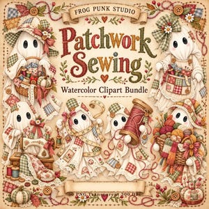 Patchwork-Nähgeist-Clipart, Aquarell-Cottagecore-Halloween-PNG (Digitaler Download)