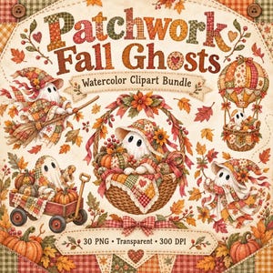 Patchwork herfstspook clipart, aquarel cottagecore herfst PNG-bundel (digitale download)