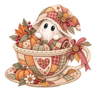 May include: A white ghost figure wearing a patchwork hat sits inside a large teacup decorated with a quilt-like pattern. The cup contains small pumpkins, autumn leaves, red berries, and a rolled fabric piece, with a bow and button on the handle.