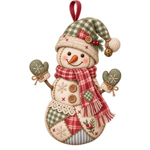 Op de afbeelding: Een stoffen sneeuwpopornament met een patchworkontwerp in groen en rood ruitpatroon, een wortelneus en geborduurde sneeuwvlokdetails. De sneeuwpop draagt een bijpassende muts met een belletje, een geruite sjaal en is afgewerkt met houten knopen.