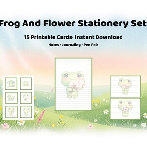 Frog Flower Stationery Set, Watercolor Chibi Frog Notes, Journal Pages (Digital Download)