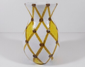 1950s BITOSSI "Ztaly" handmade Italian ceramic pottery vase – marked by Aldo Londi – yellow, brown, & white glaze / diamonds – EUC