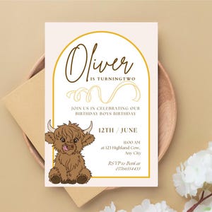 Highland Cow Birthday Invitation, Toddler Party Invite, Digital Download, Farm Animal Birthday, Boho Cow Invite, Editable Template