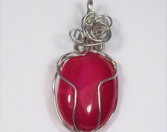 pink agate cagged pendant, semi precious stone, wire wrapped pendant