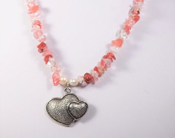 Double heart necklace, gemstone jewellery,  cherry quartz necklace, boho necklace, hippie necklace, valentines day, women jewellery