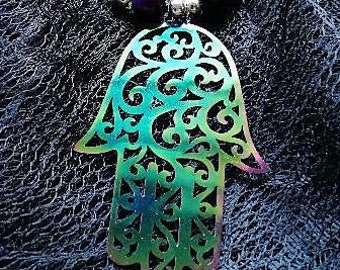Rainbow mandala hand pendant beaded necklace