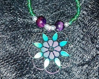 Rainbow flower pendant beaded necklace