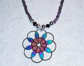 Rainbow flower pendant on a beaded necklace, boho necklace