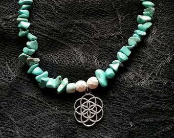 Geometric flower necklace,turquoise necklace,  semi precious necklaces, gemstone jewellery, boho jewellery, hippie necklace,