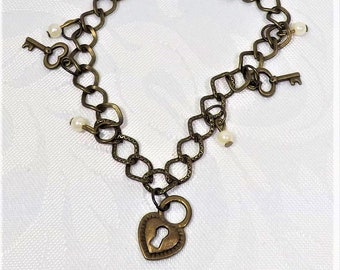 Steampunk bracelet,steampunk heart bracelet, charm bracelet,steampunk lock,lock bracelet, steampunk,birthday,anniversary