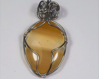 yellow agate cagged pendant, semi precious stone, wire wrapped pendant,