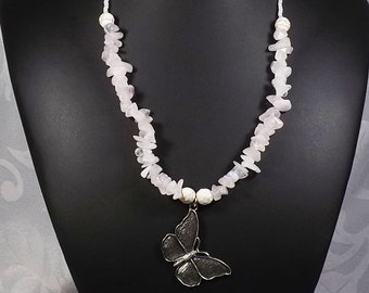 Silver butterfly necklace, semi precious necklace, gemstone jewellery, gem,stone necklace semi precious stones, beaded necklace,