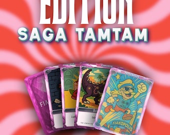 May include: A set of five rectangular trading cards with pink crystalline borders arranged in a fan shape. The cards feature colorful illustrations of characters and scenes, including a mustachioed figure labeled Fiakopolis and a dinosaur.
