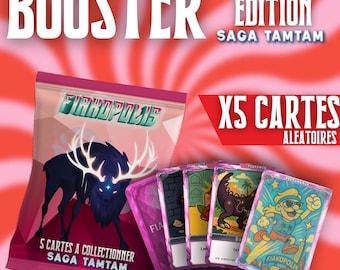 May include: A pink booster pack with the text "FIRKOPOLIS" and a silhouette of a stag. The pack is labeled "5 CARDS TO COLLECT" and "SAGA TAMTAM." Five assorted trading cards are displayed, featuring various characters and the text "FIAKOPOLIS."