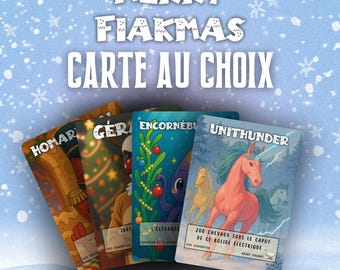 May include: A set of four rectangular playing cards with colorful illustrations and text including MERRY FIAKMAS CARTE AU CHOIX, HOMARD, GÉRARD, ENCORNÉBU, and UNITHUNDER, featuring a pink unicorn, an octopus, and festive holiday themes.