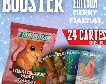 May include: A red booster pack with the text "FIRKOPOLIS" and "MERRY FIAKMAS" featuring a cartoon mouse. The pack is next to four collectible cards with various illustrations and the text "24 CARTES COLLECTOR".