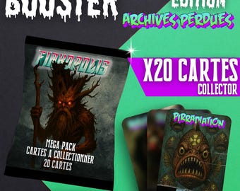 May include: A booster pack for a card game featuring the text "BOOSTER" and "EDITION ARCHIVES PERDUES". The pack has a monster illustration and the text "FIRROPOLIS". The pack includes 20 cards. The cards have a monster illustration and the text "PIRRADIATION".