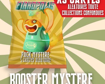 May include: A sealed, orange and yellow booster pack for a card game. The pack features a cartoon fish character wearing a green apron. Text on the pack reads "FIKOPOLIS", "PACK MYSTERE 5 CARTES ALEATOIRE", and "BOOSTER MYSTERE". A red banner reads "X5 CARTES ALEATOIRES TOUTE COLLECTIONS CONFONDUES".