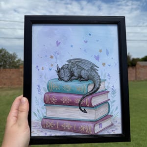 Sleeping Dragon Art Print | Fantasy Book Lover Wall Art | Cute Dragon on Books Illustration | Bookish Decor for Readers