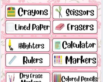 Pink Classroom Supply Cart Labels | 12 Pre-Made Organization Tags