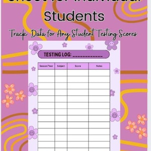 Może przedstawiać: Fioletowo-żółty arkusz logowania testów nauczyciela dla poszczególnych uczniów. Arkusz zawiera tekst "Teacher Testing Log Sheet for Individual Students" i "Track Data for Any Student Testing Scores". Arkusz posiada sekcję logowania testów z miejscem na sezon/rok, przedmiot, wynik i notatki.