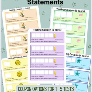 Puede incluir: Una colección de cupones de prueba coloridos con el texto "Cupones de prueba motivacionales con declaraciones 'Yo puedo'". Los cupones están diseñados para 1-5 pruebas y presentan ilustraciones de abejas, caras sonrientes, estrellas y flamencos. El banner inferior dice "Ms. Wies - Special Education Learning".