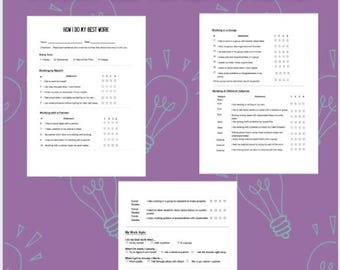 May include: A purple background with a student self-reflection survey. The survey includes questions about work habits, preferences, and styles. The text on the survey is in black. The title is "Self-Assess - How I Do My Best Work".
