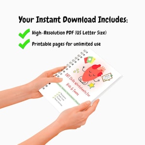May include: A spiral-bound notebook titled "DBT Skills Worksheets for Kids & Teens" is held in hands. The cover features a cartoon heart and stars. Text above reads "Your Instant Download Includes: High-Resolution PDF (US Letter Size) Printable pages for unlimited use."